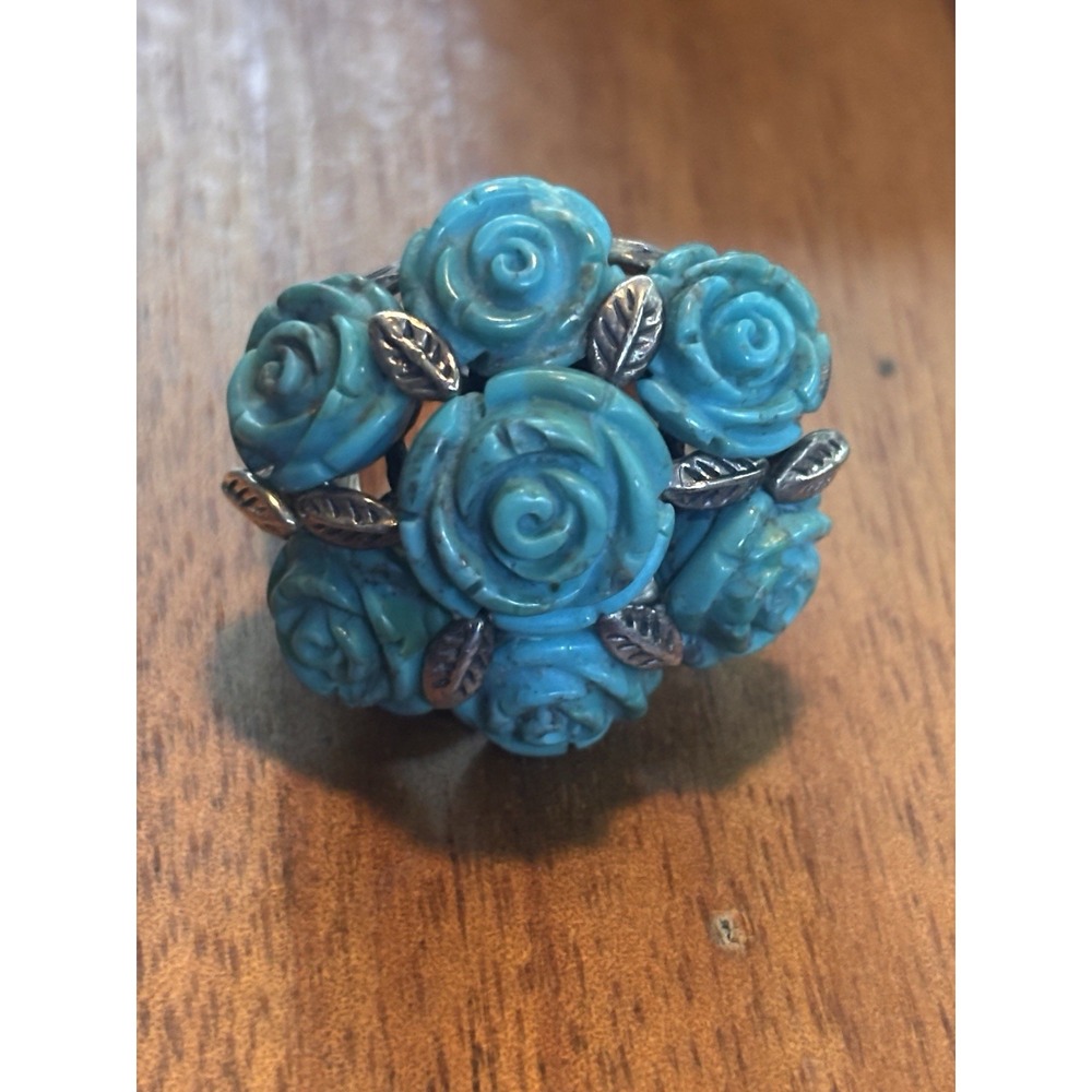 Vintage Sally C Treasures Floral Turquoise Sterling Silver Ring Sz 7.25